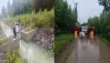 水库管护中心对河道水情进行巡查，并在道路山体滑坡旁设置路障警示标志。